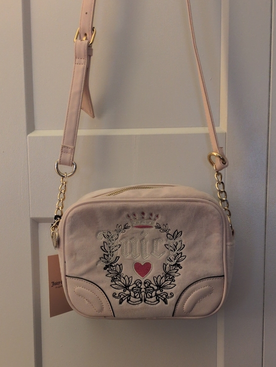 Juicy Couture Handbags - Juicy Couture Light Pink Velvety Embroidered Crest Crossbody Bag